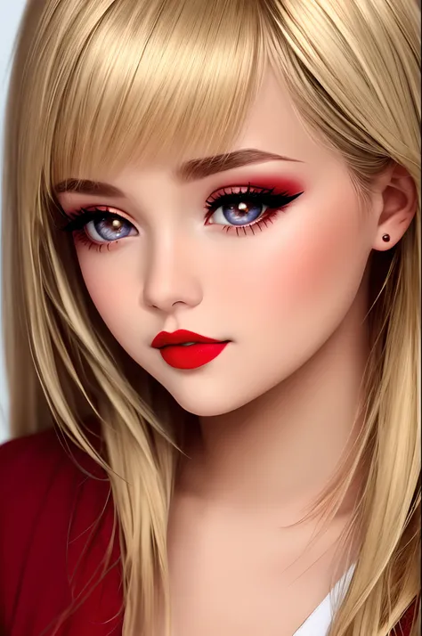 Estilo pixar, 15 year old blonde girl with red lipstick eyes, olhos pequenos