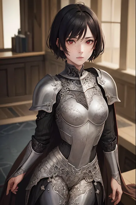 masterpiece, (realistic), highres, highly detailed, intricate, beautiful woman, Black pixie haircut, red eyes, freckles, detailed face, knight, armor