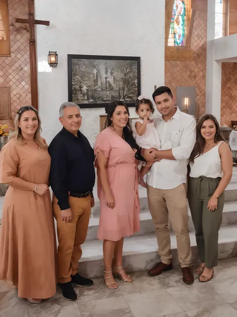 Theres a group of people together in a church, cor corrigida, batismo, foto colorida, family portrait, taken in the early 2020s, Directed by: Nandor Soldier, Jose Miguel Romano Francisca, imagem de qualidade muito baixa, em frente ao altar, imagem real, pa...