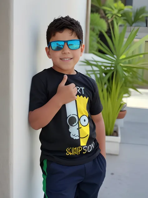 Boy wearing sunglasses and a black shirt with a yellow and blue design, Bart Simpson na vida real, estilo simpsons, with sun glasses, Bart Simpson, estilo simpsons, minion dando um polegar para cima, com uma pose cool, with sunglasses, Retrato de Bart Simp...