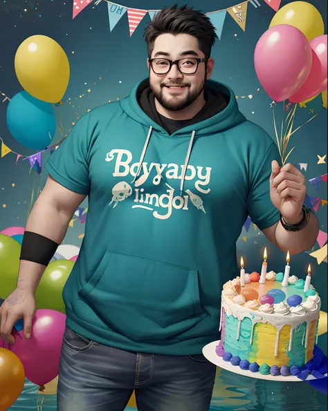 1boy, (apocalypse:1.2) fat boy with spectacles in hoody celebrate birthday party, super detail and vibrant colors, cake and cand...