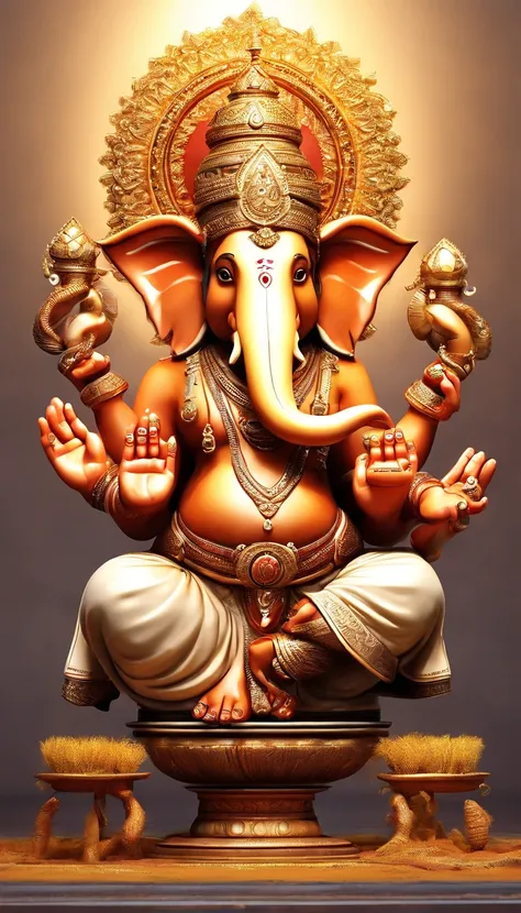 Ganesha with 8 arms, 2 legs, fluffy hair and a small mouse flying in the sky.