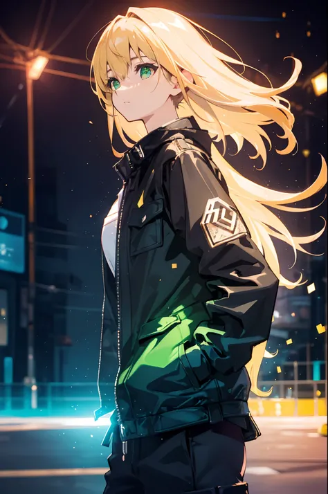 a girl blowing a big bubblegum with both of her hand in her pocket , (hands in pocket:1.4),  (big bubblegum:1.4), (Shibuya:1.4), (night lights:1.4), (Thick Body:1.4), (Long Blond Hair:1.4), Green Eyes, HDR (High Dynamic Range), Ray Tracing, NVIDIA RTX, Sup...