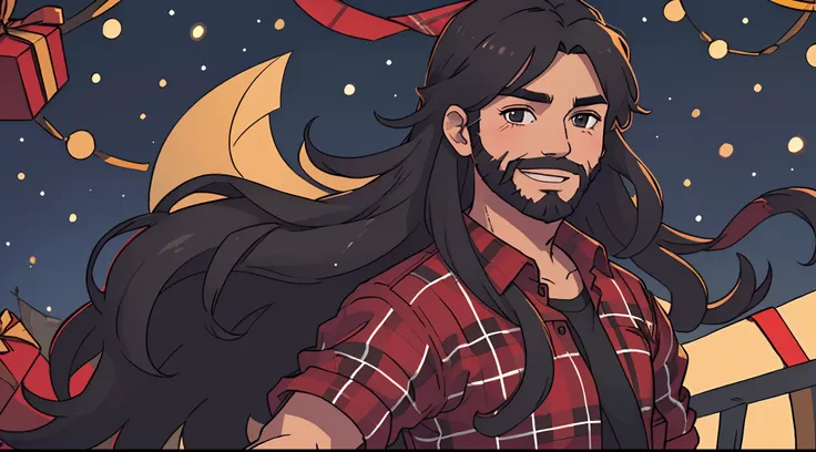 solo Man with long black flowing hair and a short black beard smiling. wearing a red plaid shirt. christmas, happy, winter