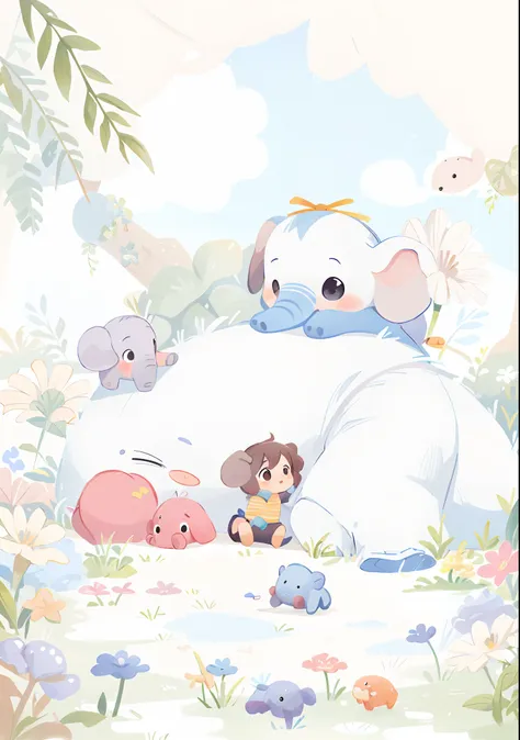 A cute baby elephant and a little pig，There are flowers and plants on the side of the road，There are blue skies and white clouds，Color painting，OilPaintStyle