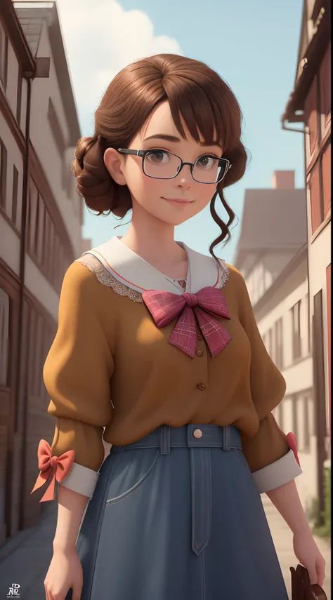 I would like a Disney Pixar style poster in 3D in 4k. 
The scenery is a background with bows. The main character is a woman, medium-sized brown hair, de aproximadamente 30 anos.
Her skin is brown, Brown eyes with glasses
I would like it to have a bow in th...