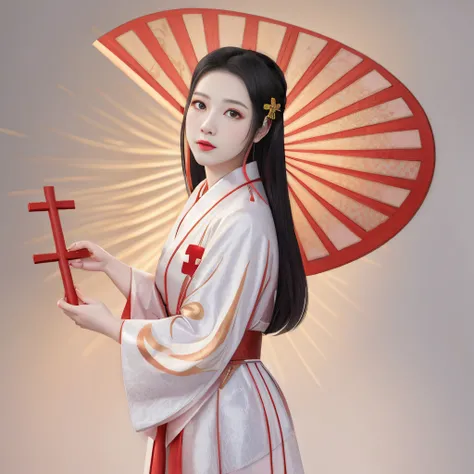 a woman dressed in a traditional Japanese kimono, holding a red cross, and with a giant fan behind her, she is, Japanese goddess, she is holding a cross, long stick, Chinese girl, palace, a girl in hanfu, work of art in z.w style gu, a beautiful art illust...