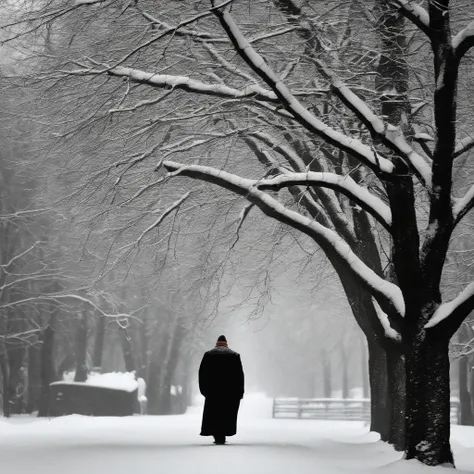 Heavy snow background image，The back of an old man in a cloak far away，low-saturation，A few branches are covered with snow branches，ink wash style