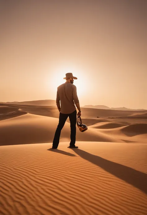 Homem com barba e tatuagens segurando uma garrafa de cerveja, em um deserto vermelho empoeirado, coberto de areia, em um deserto, poeira e areia no ar, cheio de areia e poeira, standing in a desert, standing in desert, covered in dust, no meio do deserto, ...