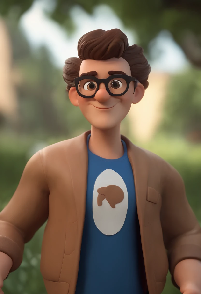 Cartoon character of a man wearing black glasses and a blue shirt, cabelos meio crespo baixo com a lateral muito curta de pele morena um personagem animado, Caractere estilizado, animation style rendering, 3D estilizado, Tavares a render, 3 d render styliz...