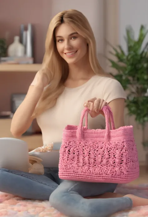 (best quality,4k,8k,highres,masterpiece:1.2),ultra-detailed,(realistic,photorealistic,photo-realistic:1.37),Pixar style: A 48-year-old white woman, with medium hair, crocheting a pink bag, holding a crochet needle in her hand, sitting at a table with a bac...