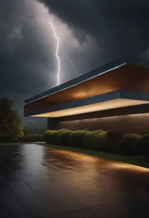 Crie um objeto gigante parecendo uma arquitetura de oscar niemayer com design linear com design de luz misterioso, The weather is rainy , Dramatic sky with dark clouds and lightning(melhor qualidade:1.23),(Realistic:1.24)8K landscape rendering