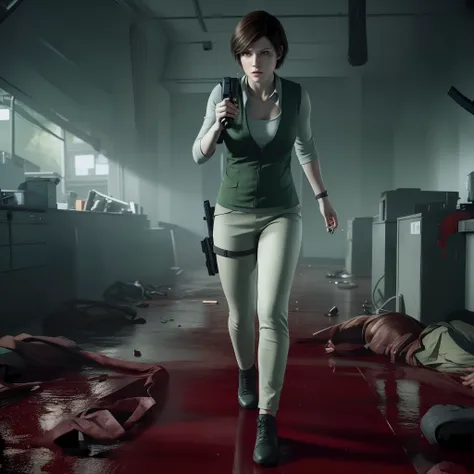 beautiful face, glare, short bob brown hair, perfect face, Rebecca chamber from resident evil, green vest, hold a gun