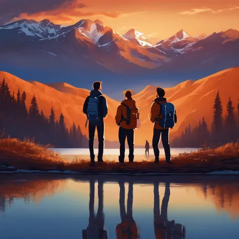 Three teenagers seen from the shore, Mountain Adventure Scenery, cartoon, Snow on the top of the mountain, twlight, Starry sky, Orange sky