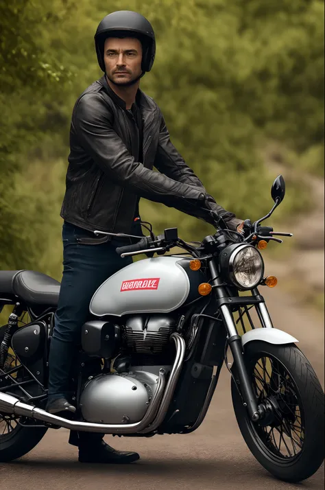 A male 30 year old Jackman with royal Enfield bike setting and nature vibe realistic 8k