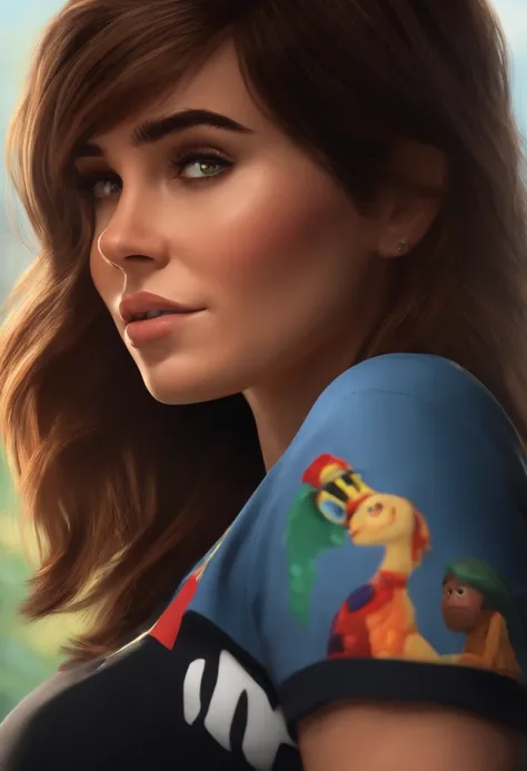 filme Marketing 2023 estilo filmes Pixar, Com nome "N - Marketing", poster, With short, lighter brunette hair and a black t-shirt in front of her crossed arms.