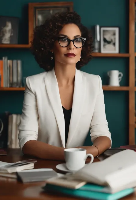 Gere uma imagem estilo Disney pixar,  mulher, cabelo preto medio cacheados, boca carnuda com um batom vermelho, pouco fofinha,  Black Square Glasses,  brincos dourados, Pele branca, Sitting at desk in front of computer with a mug of coffee in hand,  blusa ...