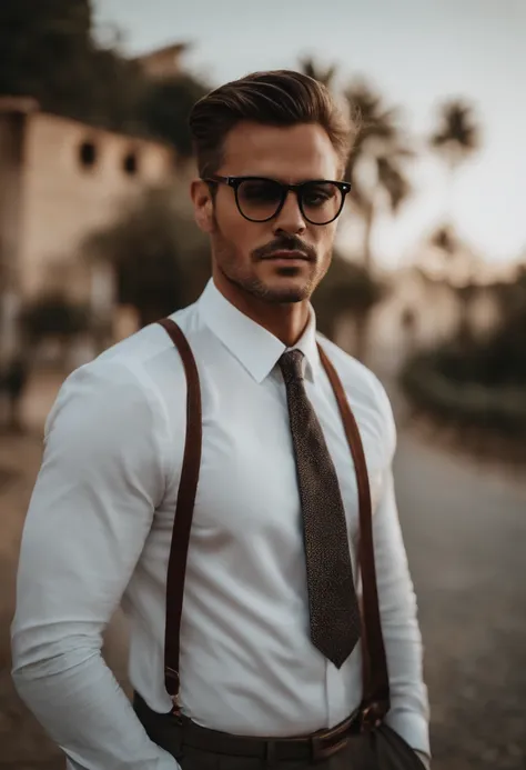 Um homem de 30 anos, com cabelos castanhos curtos,face de diamante, olhar rigoroso, e olhos castanhos, Wearing white white shirt with tie and glasses.