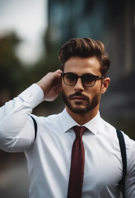 Um homem de 30 anos, com cabelos castanhos curtos,face de diamante, olhar rigoroso, e olhos castanhos, Wearing white white shirt with tie and glasses.