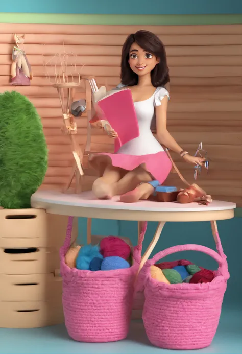 (best quality,4k,8k,Altas,master part:1.2),ultra-detalhado,(Realistic,fotorrealista,photo-realistic:1.37),Estilo Pixar: Uma mulher morena clara de 48 anos, with medium shoulder-length hair, Crochet a Pink Bag, Holding a crochet hook in her hand, Sitting at...