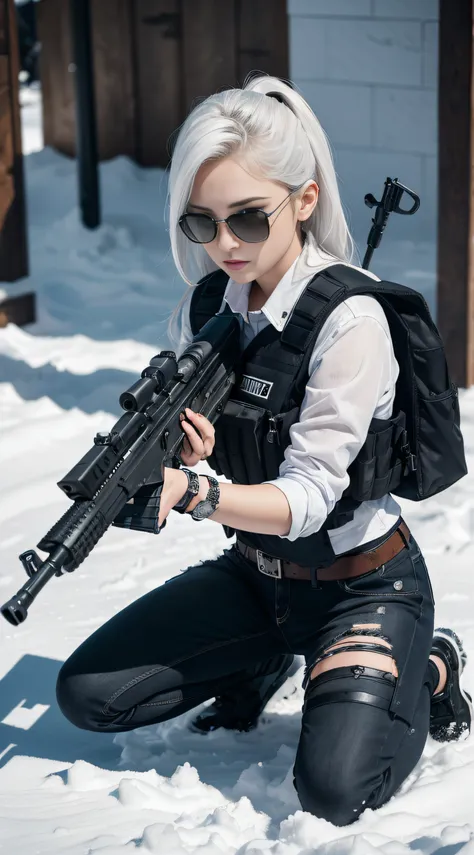 ((Best quality)), (Masterpiece), Photorealistic, Photorealism, 1 girl kneeling and aiming with an AK-47 assault rifle, Photorealistic, high resolution,Snow background, looking to the camera, (Detailed face), White hair, SWAT vests, Gun, jewelry，Black glove...