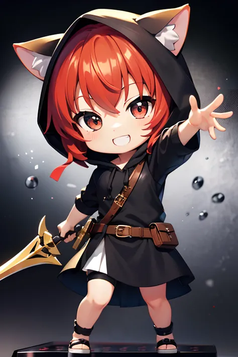 (Chibi:1.3)、Happiness、(nendoroid)、Hoplite Costume、With weapons、Hoplite Pose　Chibi Chara　Red hair　Nekomimi　A smile　victorious pose　Wearing a hood