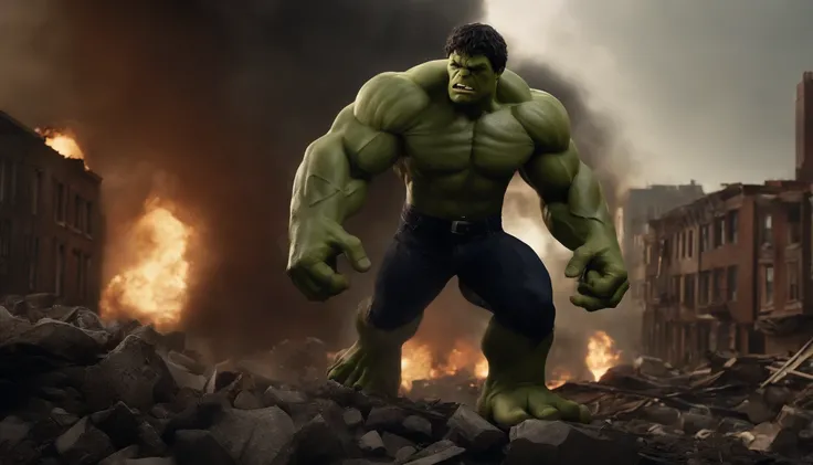 realistic, personality: [Illustrate a destroyed urban area, smoke rising from the wreckage. The Incredible Hulk is amid the wreckage. He is seen destroying piles of rubble with tremendous strength, his face marked by determination and anger. The scene show...