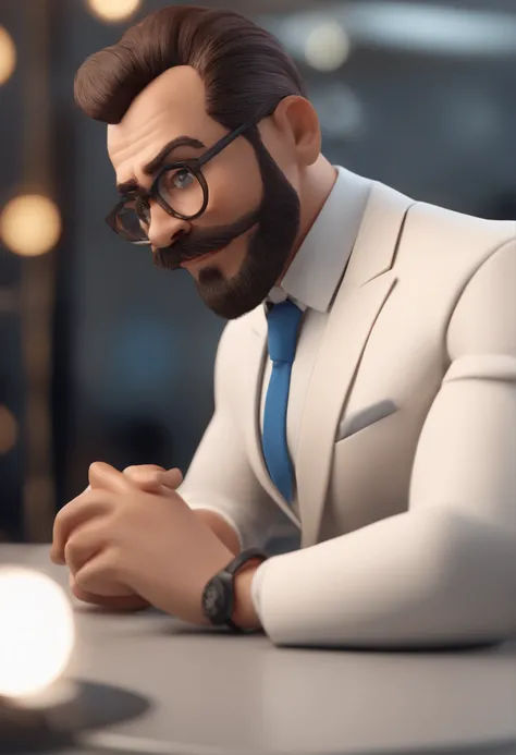 personagem dos desenhos animados de um homem cabelos pretos levemente grisalhos, Beard and moustache in the same shade as hair with black glasses and a white shirt, Blue suit and blue tie animation character, Caractere estilizado, animation style rendering...