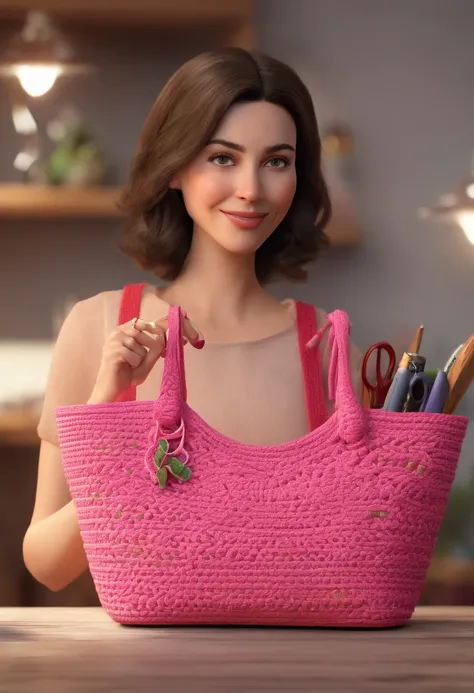 (best quality,4k,8k,Alto,master part:1.2),ultra-detalhado,(Realistic,fotorrealista,photo-realistic:1.37),Estilo Pixar: Uma mulher morena clara de 48 anos, with medium shoulder-length hair, Crochet a pink purse, Holding a crochet hook in her hand, Sitting a...