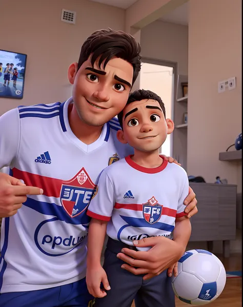 Pai e Filho torcendo para seu time de futebol, filho com pouco cabelo