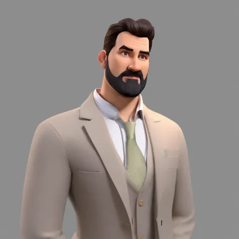 Criar um personagem no estilo Pixar. Trata-se de um homem de 30 anos, com barba, Branco, com cabelos castanhos curtos e um quiff, e olhos castanhos. Ele deve estar na frente de um computador, Trabalhar como designer