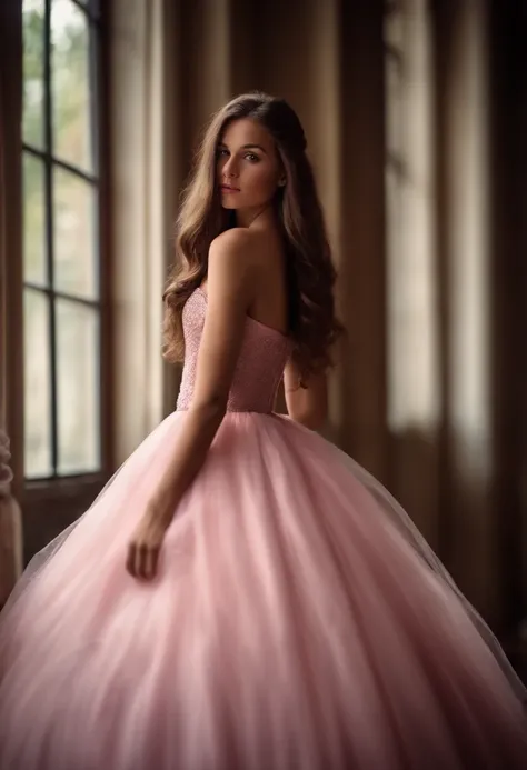 Realistic teenage girl with long brown hair and a puffy pink ballgown in a dramatic pose