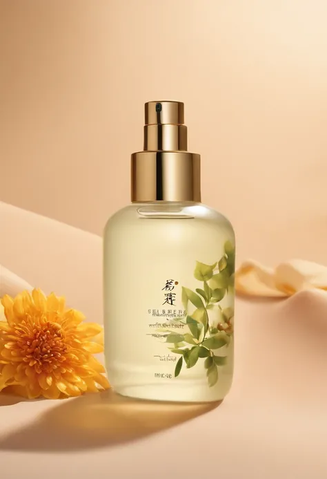 (Best quality,4K,8K,A high resolution,Masterpiece:1.2),Ultra-detailed,(Realistic,Photorealistic,photo-realistic:1.37),One bottle（Huang Jixiu）Close-up of cleansing oil and selected flowers, Clean face and body skin, Skincare, skin care, Take a picture of yo...