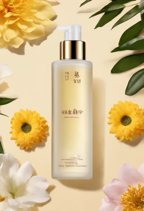 (Best quality,4K,8K,A high resolution,Masterpiece:1.2),Ultra-detailed,(Realistic,Photorealistic,photo-realistic:1.37),One bottle（Huang Jixiu）Close-up of cleansing oil and selected flowers, Clean face and body skin, Skincare, skin care, Take a picture of yo...