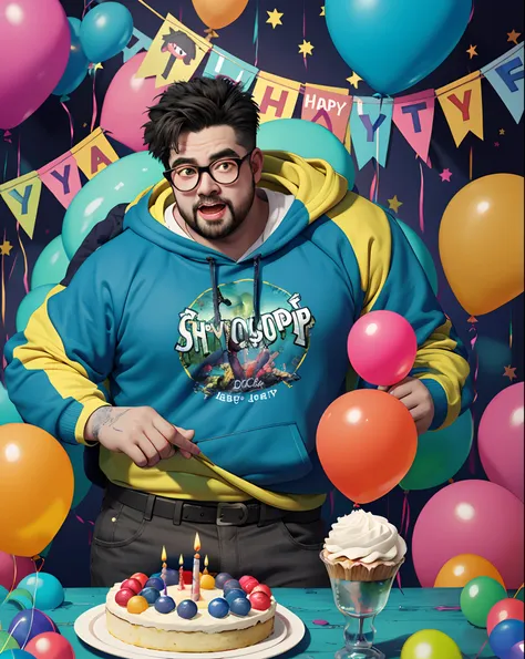 1boy, (apocalypse:1.2) fat boy with spectacles in hoody celebrate birthday party, super detail and vibrant colors, cake and cand...