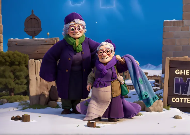 masterpiece, best quality, an old woman with glasses and a scarf on, wearing a purple coat and green scarf, standing at the park