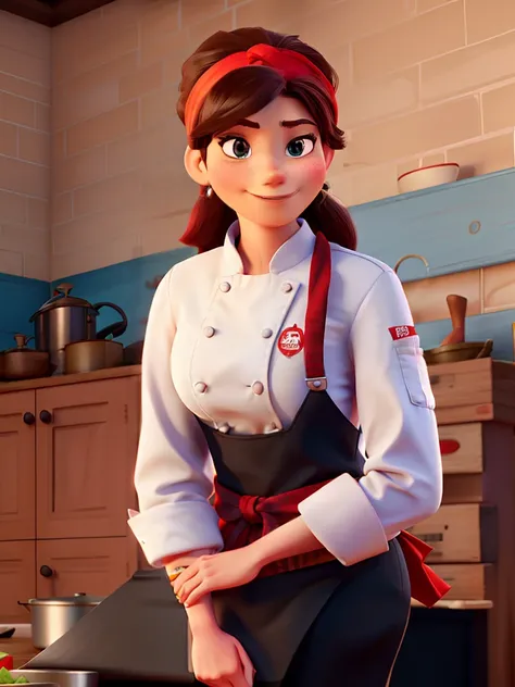 A skinny woman chef with red bandana style Disney Pixar