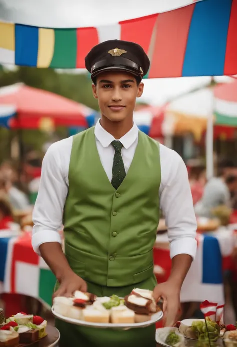 Young waiter with flags on straight-up