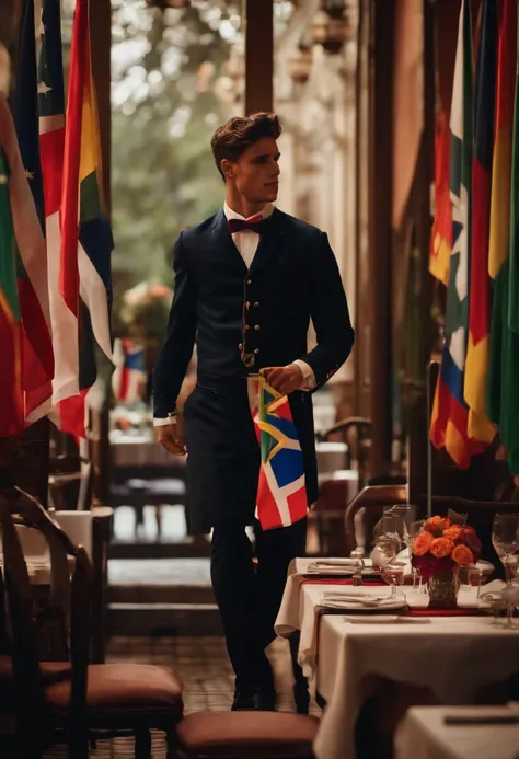 Young waiter with flags on straight-up