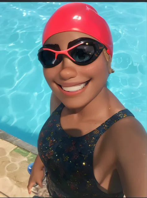 poster estilo disney mulher morena , sorridente, with goggles and swim cap, iluminada pelo sol e ao fundo uma piscina azul