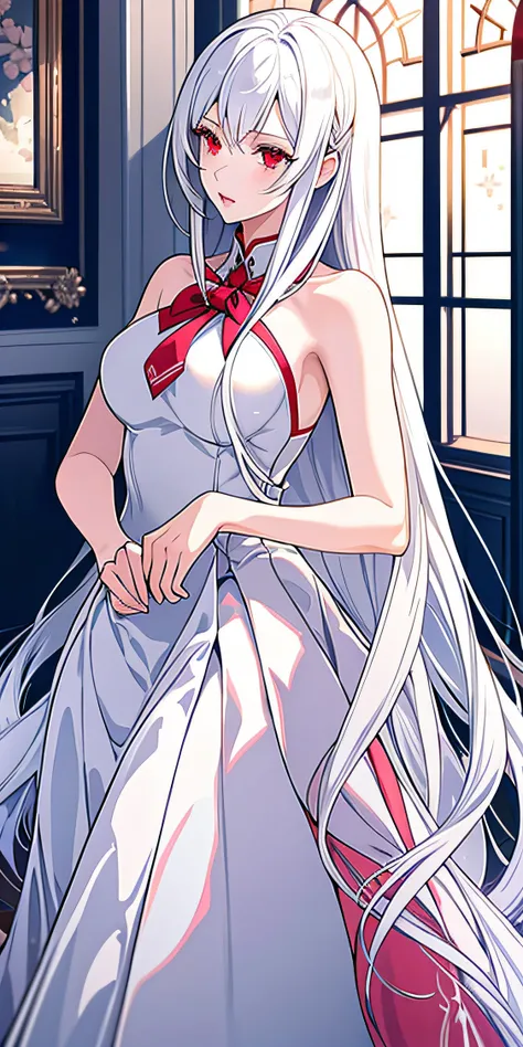 Silver_hair, long_hair, red_eyes, really_red_eyes, detailed_eyes, beautiful_eyes, 1girl, big_boobs, large_hips, big_thighs, dress, school_uniform, white_skirt