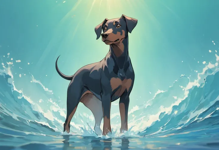 Adult Doberman Dog, Standing on 4 legs in the water near the shore. sobre um guarda sol respingando ondas, water reflections, raios de sol, Belas Nuvens