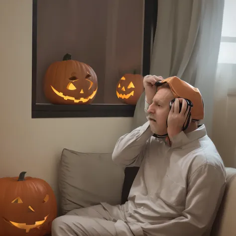 man covering ears sitting in living room with voices surrounding his head and trick or treaters passing by the window