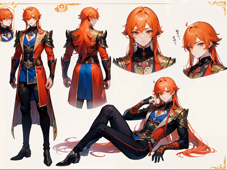 ((Masterpiece, Highest quality)), Male, boy, Detailed face, character design sheet， full bodyesbian, Full of details, frontal body view, back body view, Highly detailed, Depth, Many parts, Muscle boy with orange long hair，handsome man, vampire outfit cloth...