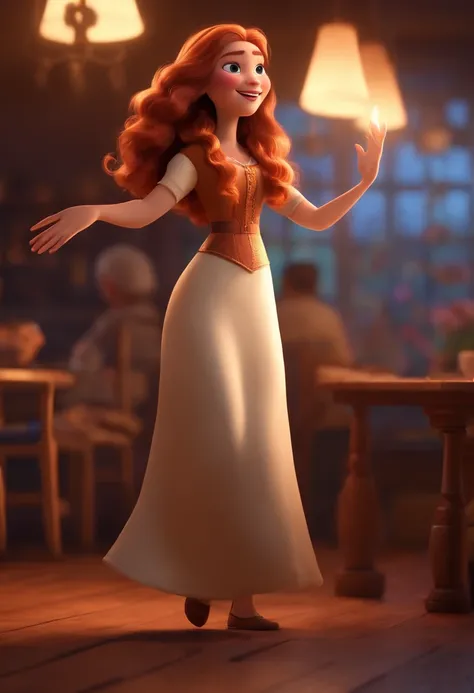 Pixar style image with 3D character white woman long straight hair dancing, Maquiagem Disney,Pescador, bonitinho, sorridente ,Close-up, Pixar, Disney, Cinema lighting,