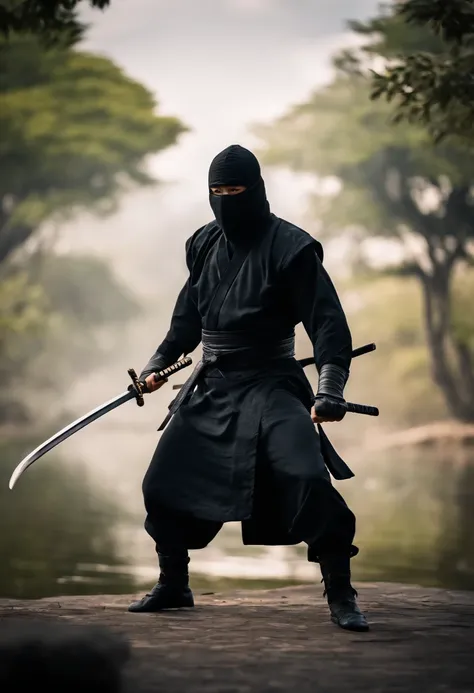 Black Chinese Ninja Full Body Fighting Position Ultra HD 4K 8K High Quality High Definition