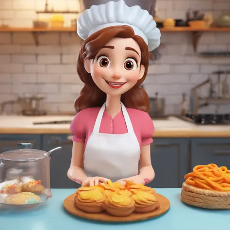 Crie uma cena de desenho animado  estilo 3d -Pixar, Onde uma mulher, de cabelos lisos loros , olhos azuis com 35 anos de idade, Shes cooking dressed as a pastry chef.