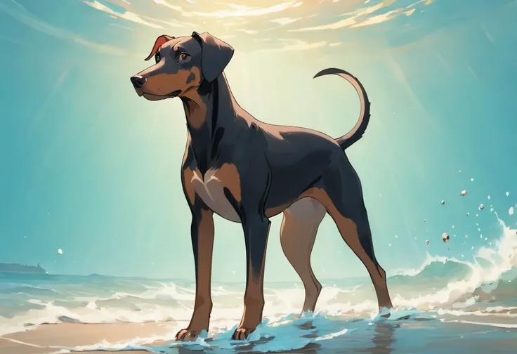 Adult Doberman Dog, Standing on 4 legs in the water near the shore. sobre um guarda sol, Mulher Sexy, respingando ondas, water reflections, raios de sol, Belas Nuvens