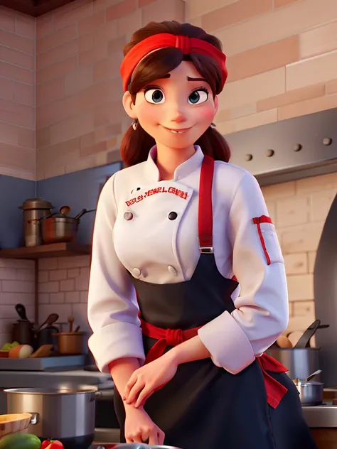 A skinny woman chef with red bandana style Disney Pixar