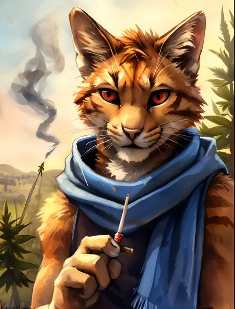 (ginger cat), male, solo, sfw, blue scarf, blue pinwheel toy, weed, smoking weed, cannabis, drugged, red eyes from drug, red eyes, by kenket